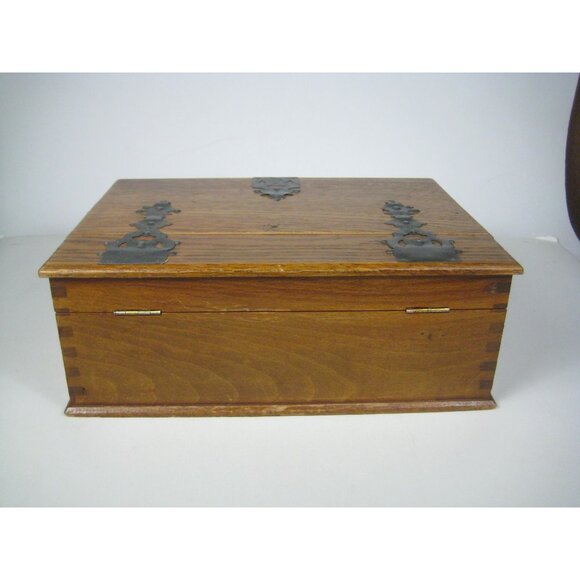 Antique Wooden Box Ornate Metal Hinges Latch Hand Made Crafted Lidded - Picture 11 of 16